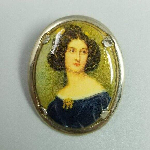 Vintage Portrait of Woman in Blue Dress Oval Brooch, Transfer Print Retro Estate - Picture 5 of 6